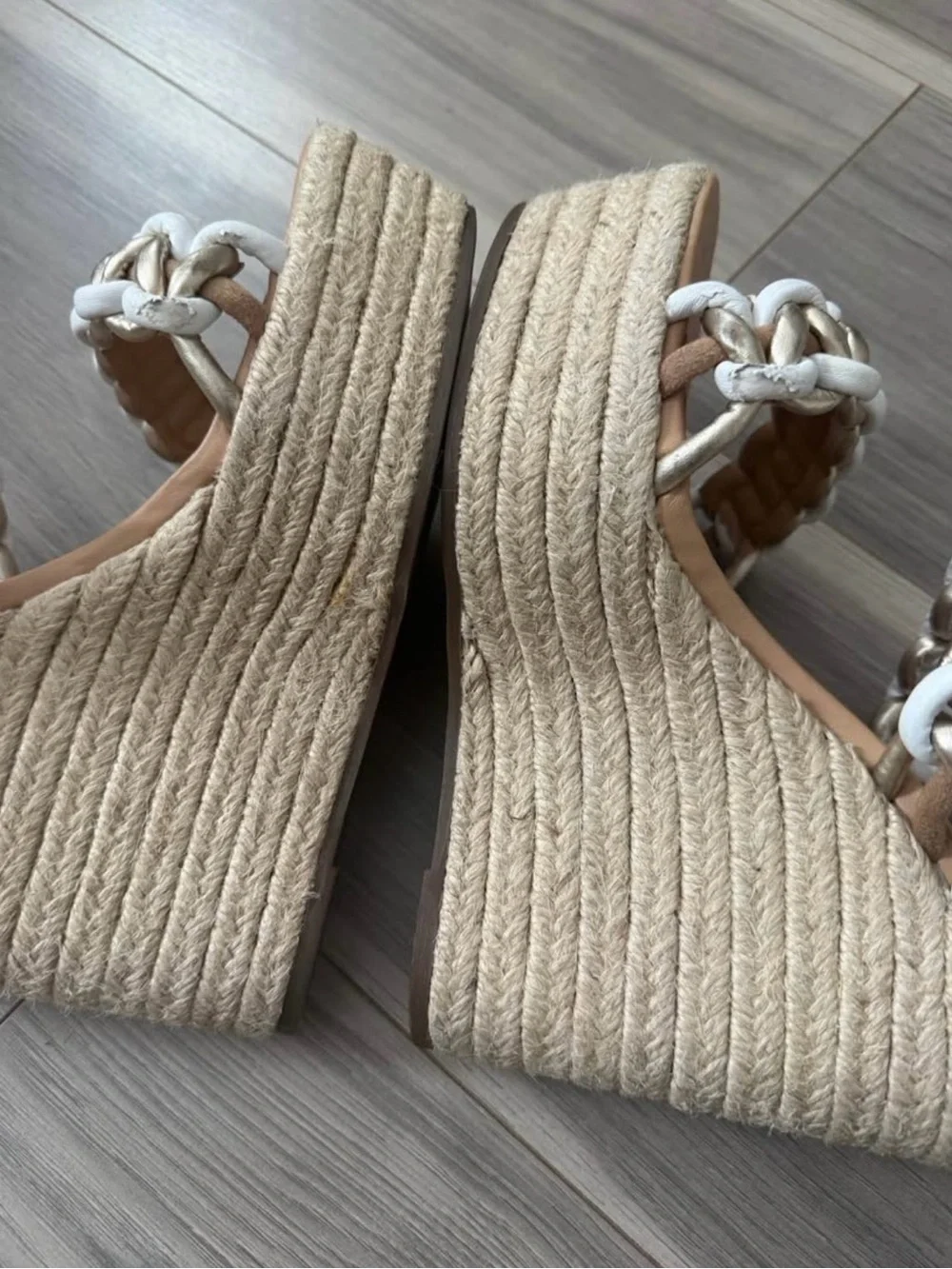 SCHUTZ White and Gold Braided Espadrille Wedge Sandals